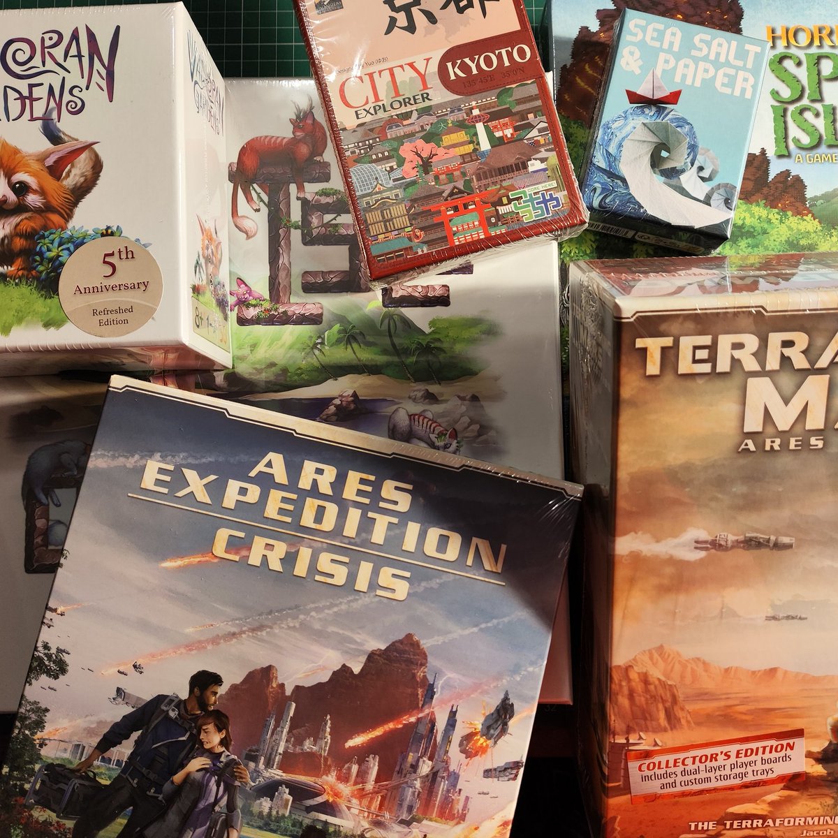 New stock: The Isle of Cats, Vadoran Gardens, Horizons of Spirit Island, City Explorer: Kyoto, Sea Salt &amp; Paper, Terraforming Mars: Ares Expediton and the Crisis expansion.
All available on our website now.