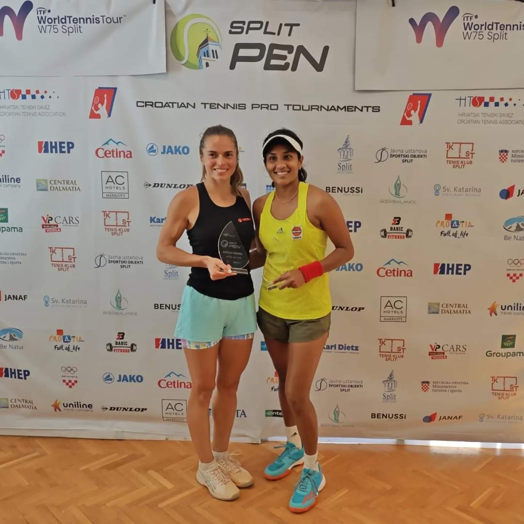 The top seed duo, Prarthana Thombare and V. Grammatikopoulos dominate the courts at the ITF W75 Split, securing the Doubles crown with a commanding straight sets victory of 6-4 6-1! 🏆🎾 #DoubleCrown #W75