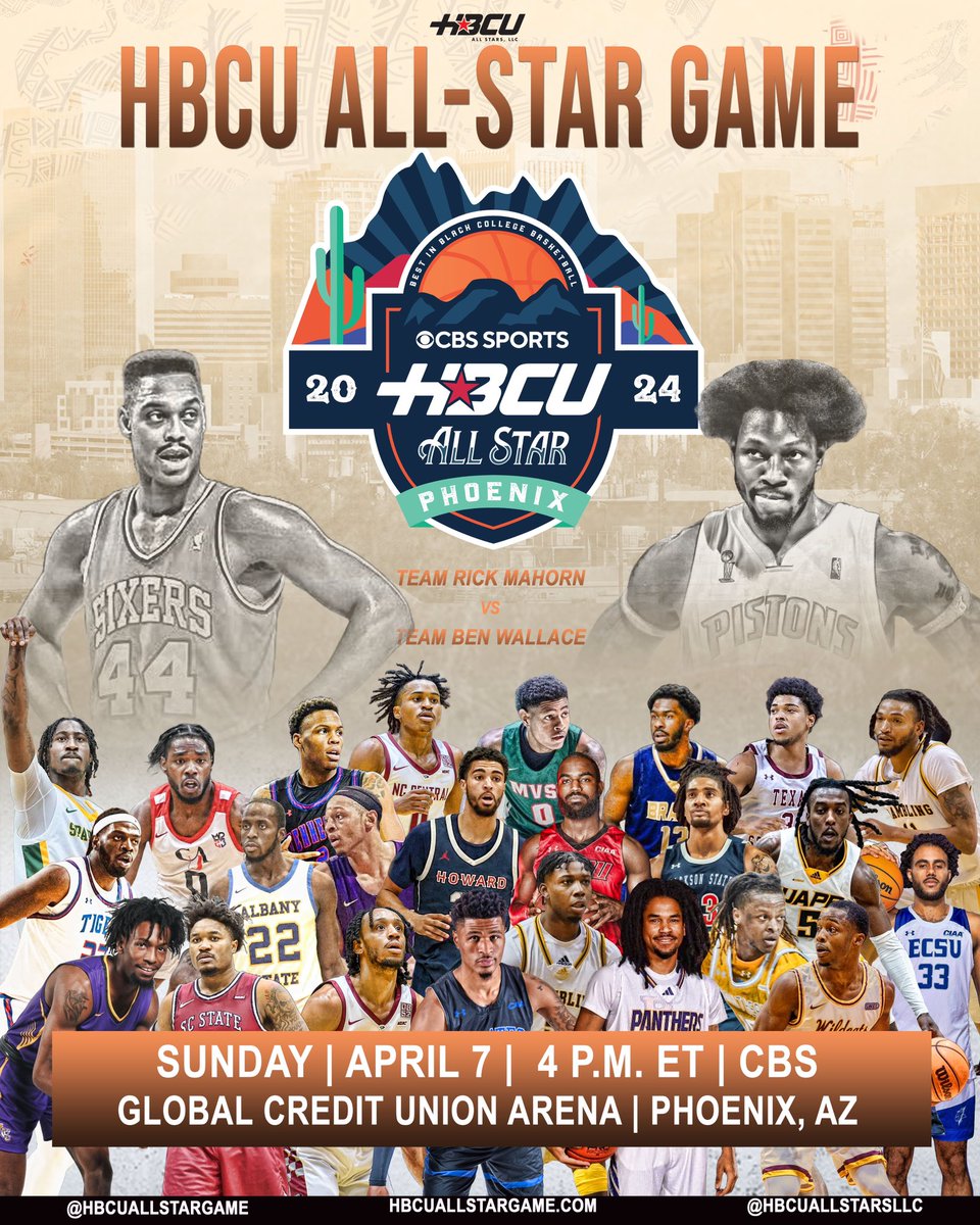 HBCUAllStarGame's tweet photo. The 3rd Annual HBCU All-Star Game is Sunday April 7 in Phoenix, AZ during Final Four weekend. Watch the showcase live on CBS at 4 p.m. ET and visit https://t.co/X2vQhpKsru for more information. Pregame show coverage begins at 3 p.m. ET https://t.co/mdTuX9KkH1