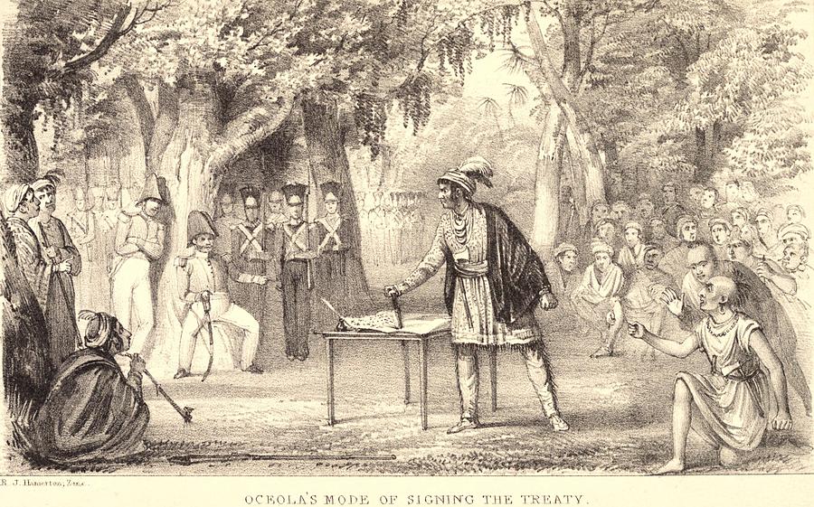 GullahGeecheeSC's tweet image. During the negotiations at Fort King, Osceola emerged as a new leader when he stepped forth brandishing a knife to let the assembly know his thoughts on emigration. 
&quot;The only treaty I will ever execute will be this!&quot;