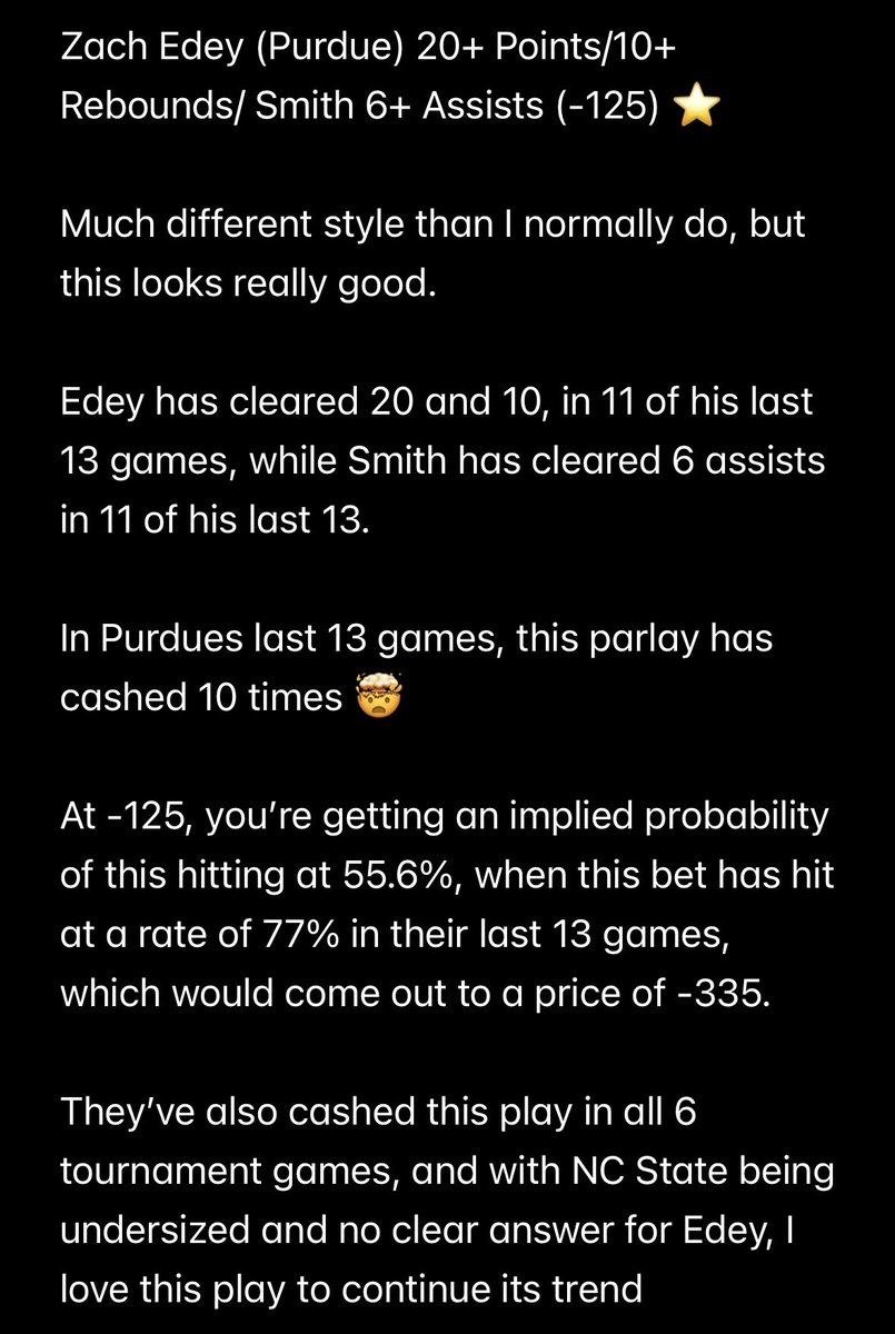 Zach Edey 20+ Points/10+
Rebounds/Smith 6+ Assists (-125) ⭐️

Never done a play like this before, but it’s hitting at a crazy rate so we’re playin it 🤑

Explanation Posted Below ⬇️

47-27 on the year 📊

#FreeBets #GamblingX #GamblingTwitter #CBBProps