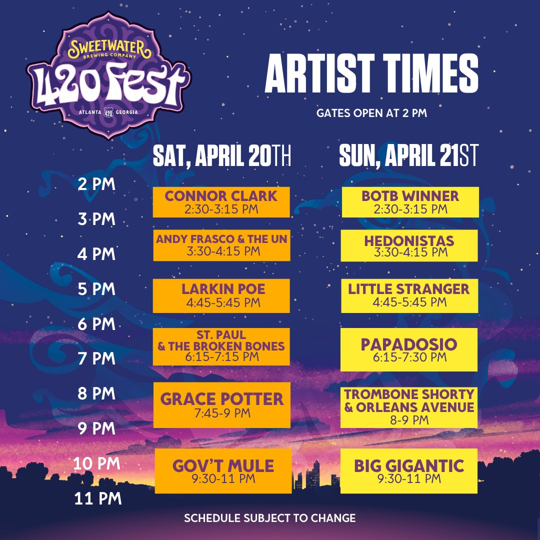 420 Fest daily schedules and set times comin' in hot 🔥 Call your crew & lock in your weekend plans to see your favorite artists take the #420fest stage in just two weeks. Snag your free tix by donating $10 to @Waterkeeper at the link down below. bit.ly/4cEXngN