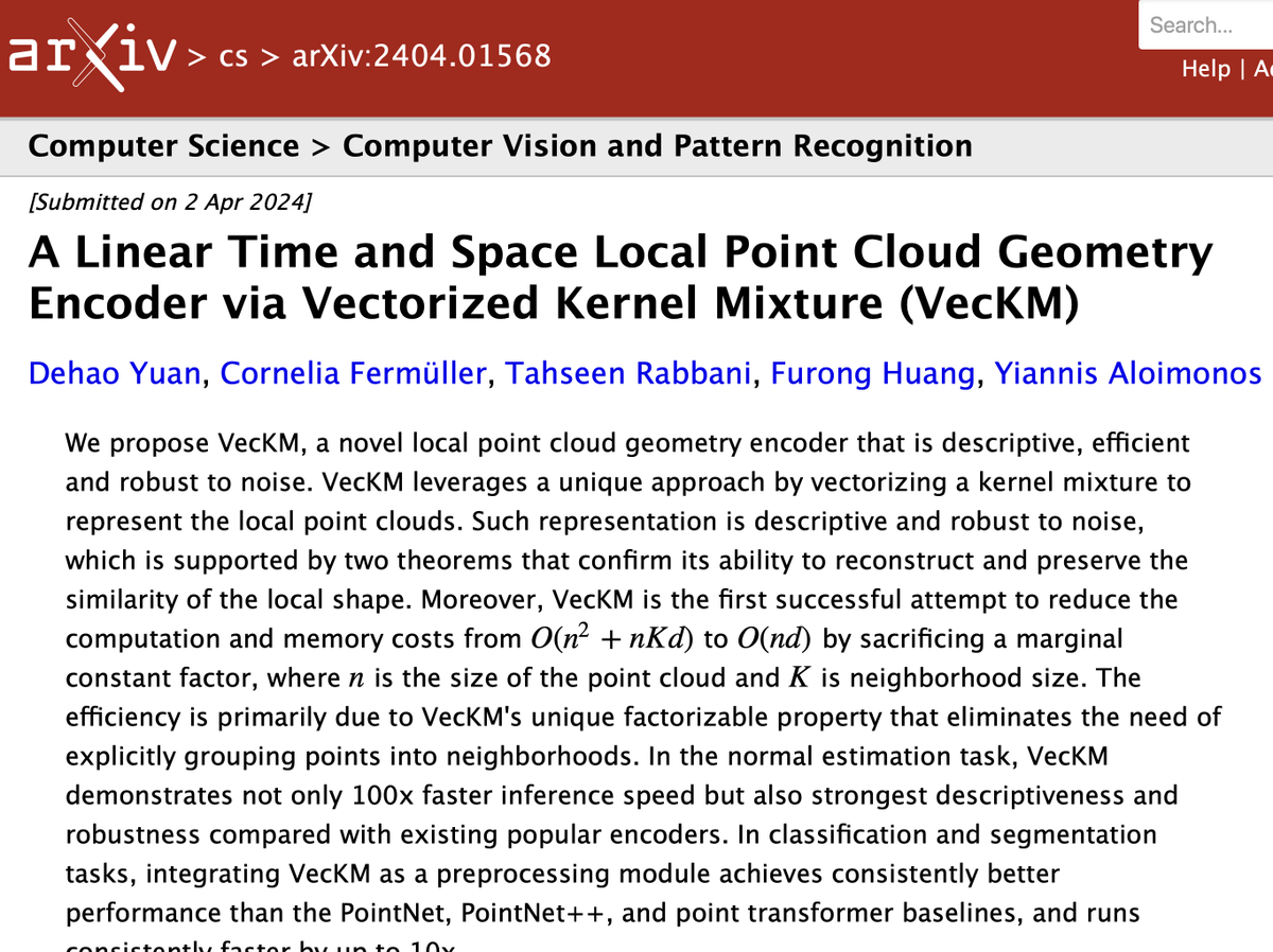 🤔Do you use mini-PointNet for your local point cloud geometry encoding? 😫Have you reluctantly downsampled your local point cloud due to computational constraint? 💡Try our ultra-efficent local geometry encoder VecKM! All neighborhoods are considered! 👉arxiv.org/abs/2404.01568