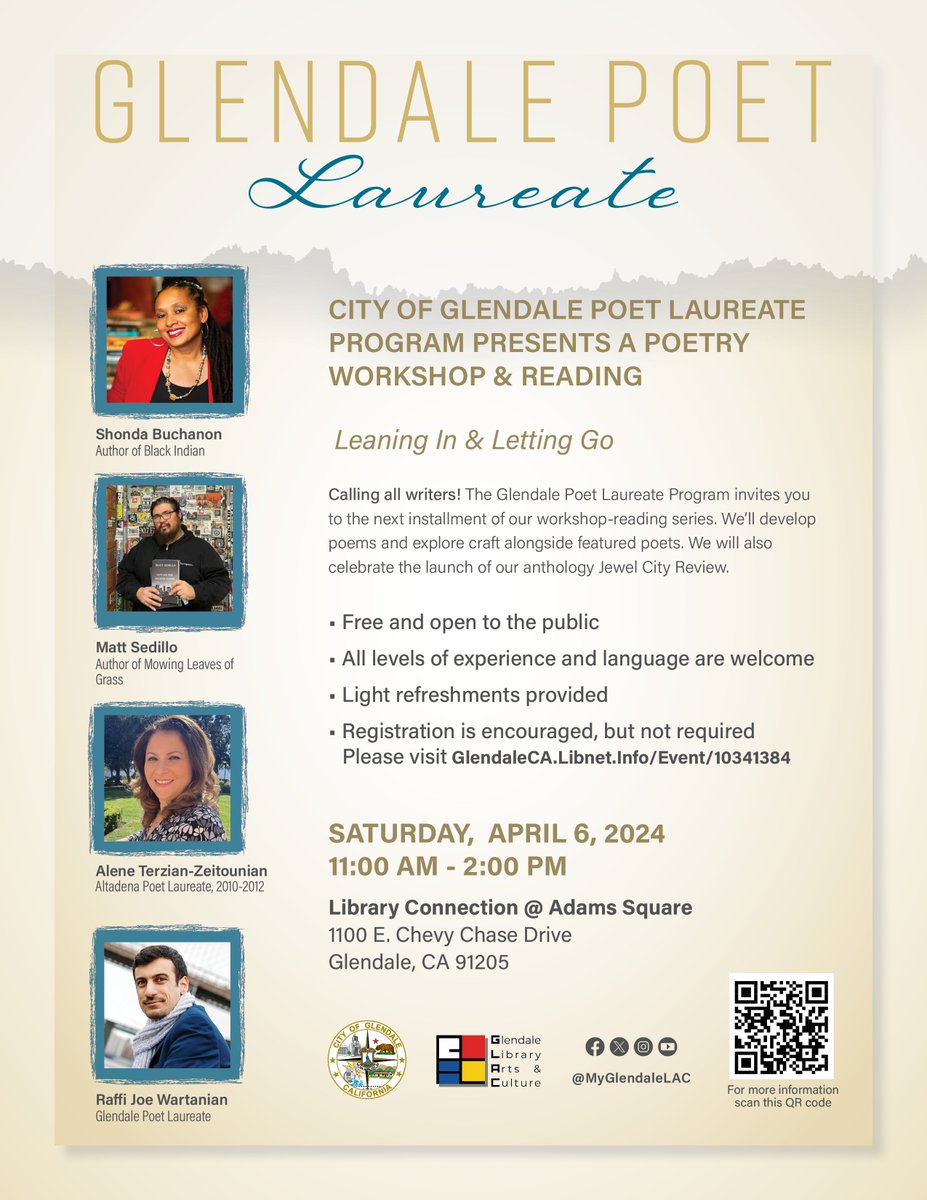 Join us TODAY at #LibraryConnection for the #GlendaleCA Poet Laureate workshop &  anthology launch of the Jewel City Review. For details, visit glendaleca.libnet.info/event/10341384