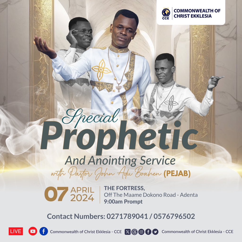 WORSHIP WITH US ✨ The man of God @iampejab is geared to bless the people of God with the Prophetic and a timely Anointing for this season. Do not miss this divine encounter. See you tomorrow @9am prompt! #SpecialPropheticService #CCExperience #April2024 #CosmicGraceTo…