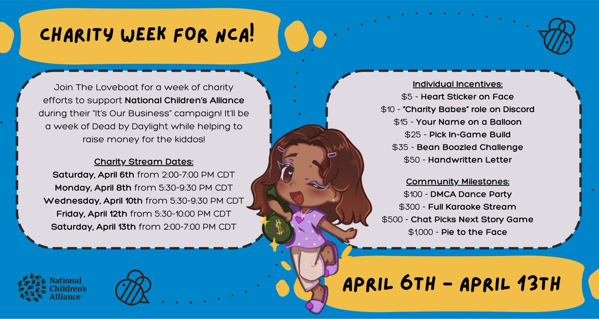 It's TIME! 📢 Charity Week has officially started on The Loveboat for @NCAforCACs for their 'It's Our Business' campaign! 💙 Join us for a week of fun charity streams over at twitch.tv/lanieloveee! ✨ Check out our @tiltify campaign here: tiltify.com/@lanieloveee/t… 💫