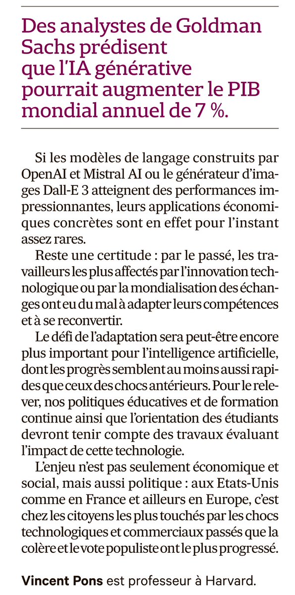 👀« Des analystes de Goldman Sachs prédisent que l'IA générative pourrait augmenter le PIB mondial annuel de 7 %. » extrait de l’analyse de @VinPons dans @LesEchos