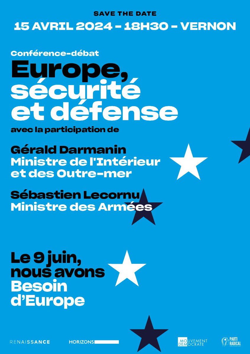Je suis heureux de vous convier à une conférence-débat en présence de <a href="/GDarmanin/">Gérald DARMANIN</a> et <a href="/SebLecornu/">Sébastien Lecornu</a> le lundi 15 avril à Vernon! Retrouvons-nous à 18h30 à l'espace Philippe-Auguste pour parler d'Europe, sécurité et défense.
➡️ inscriptions ici : forms.gle/5LNiP6gEzyGxmr…