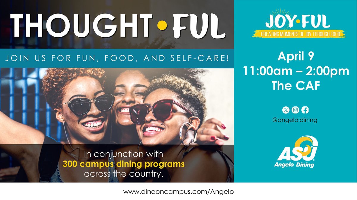 Join us next week for thoughtFUL! We will have Yoga, cookies, popsicles, and more. All happening at The CAF on April 9th from 11:00am to 2:00pm! 💙 💛 
...
#AngeloDining #FuelingTheBlueAndGold
<a href="/AngeloState/">Angelo State</a> <a href="/AngeloParents/">Angelo State Parent & Family Programs</a> <a href="/AngeloHousing/">Angelo State Housing</a>