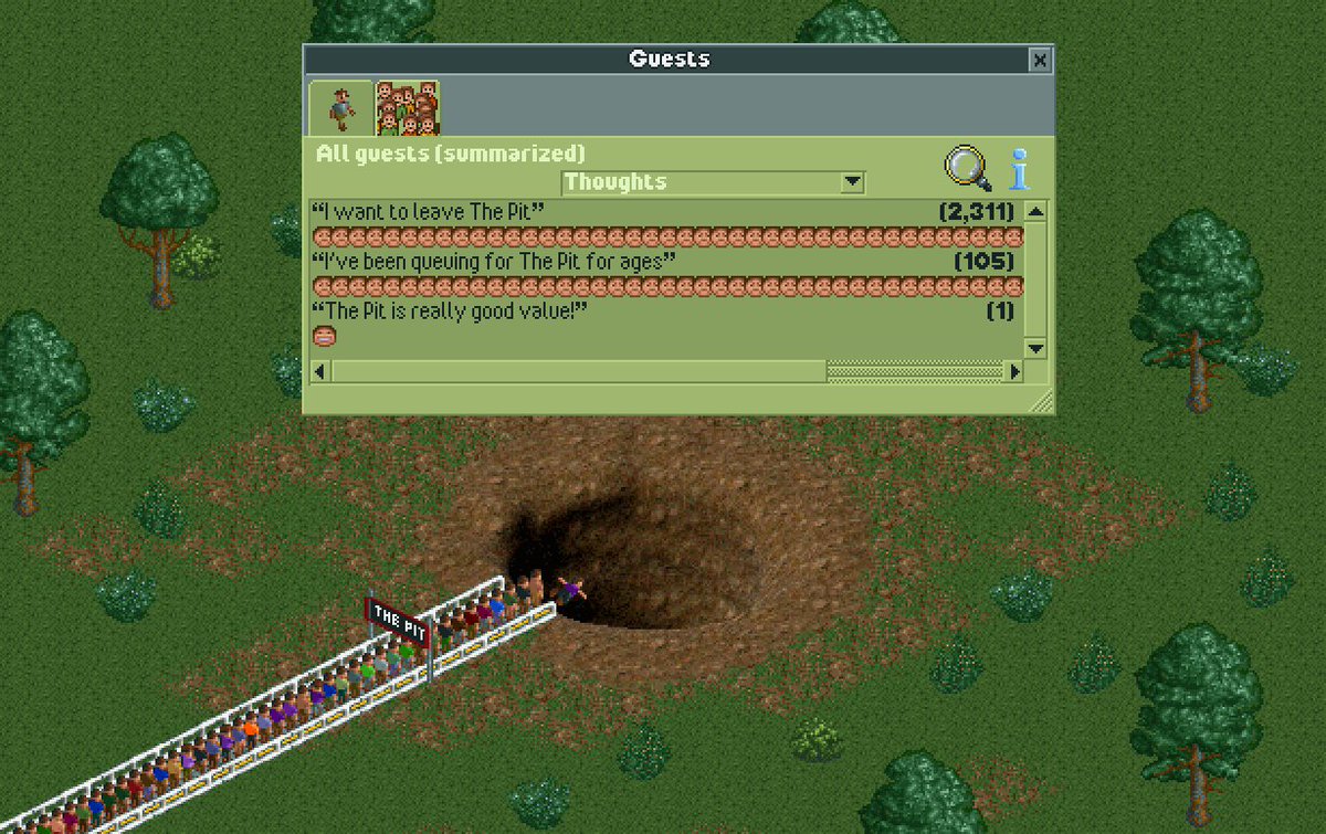 Restored gameplay of Rollercoaster Tycoon 2 showcasing an unused attraction, 'The Pit'.