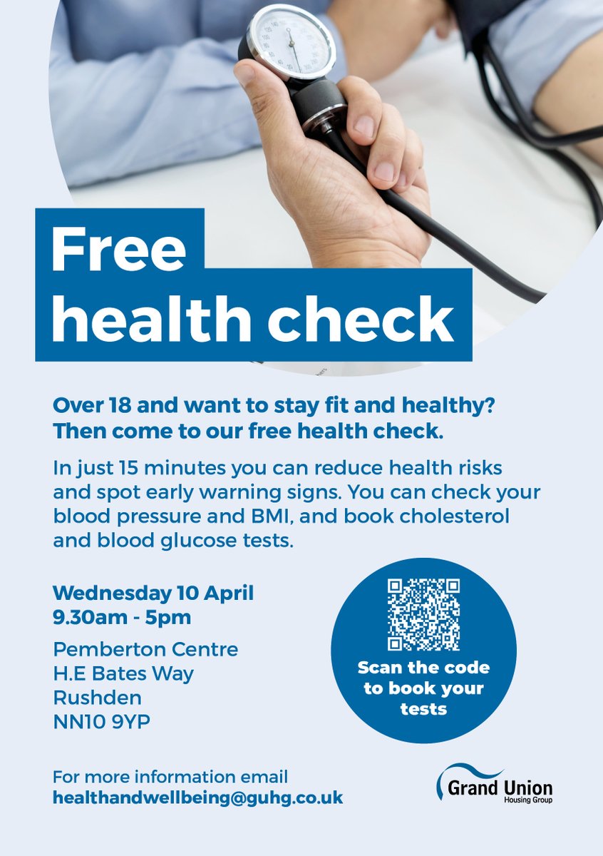 Free Health Check at the Pemberton Centre, Rushden. Come along on Wednesday 10th April from 9.30-5pm. If you would like cholesterol and blood glucose check, please book in via QR code or link below. For normal checks, just turn up. wellbeingbooking.co.uk/events/669DC1