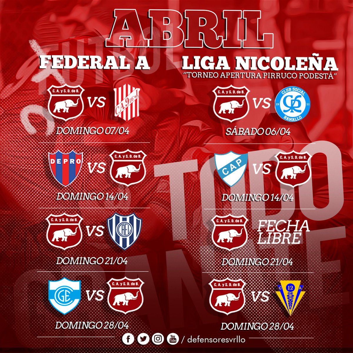 defensoresvrllo's tweet photo. #Fútbol

🗓️ Arrancó abril y te dejamos el calendario para que agendes los partidos de #Defensores en el #TorneoFederalA y en la #LigaNicoleña.

#TodoGranate 🐘 https://t.co/zIPMbt4n44