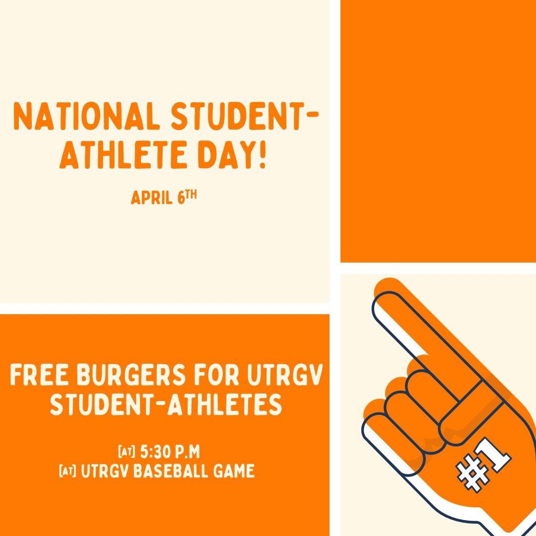 Today we take the time to celebrate the dedication student-athletes have to both academic and athletics. May we continue to excel in both and accomplish all that we set our minds to!

UTRGV student-athletes: to celebrate YOU, we will be serving free burgers at today’s ⚾️ game!!