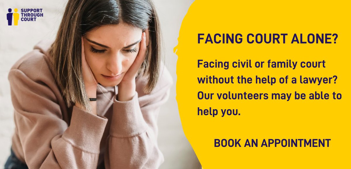Cuts in legal aid and funding for advice agencies, mean more people than ever face court alone. Are you going to court without a lawyer? Do you need some assistance? @SupportTCourt can offer help. Find out more about their services👇 supportthroughcourt.org