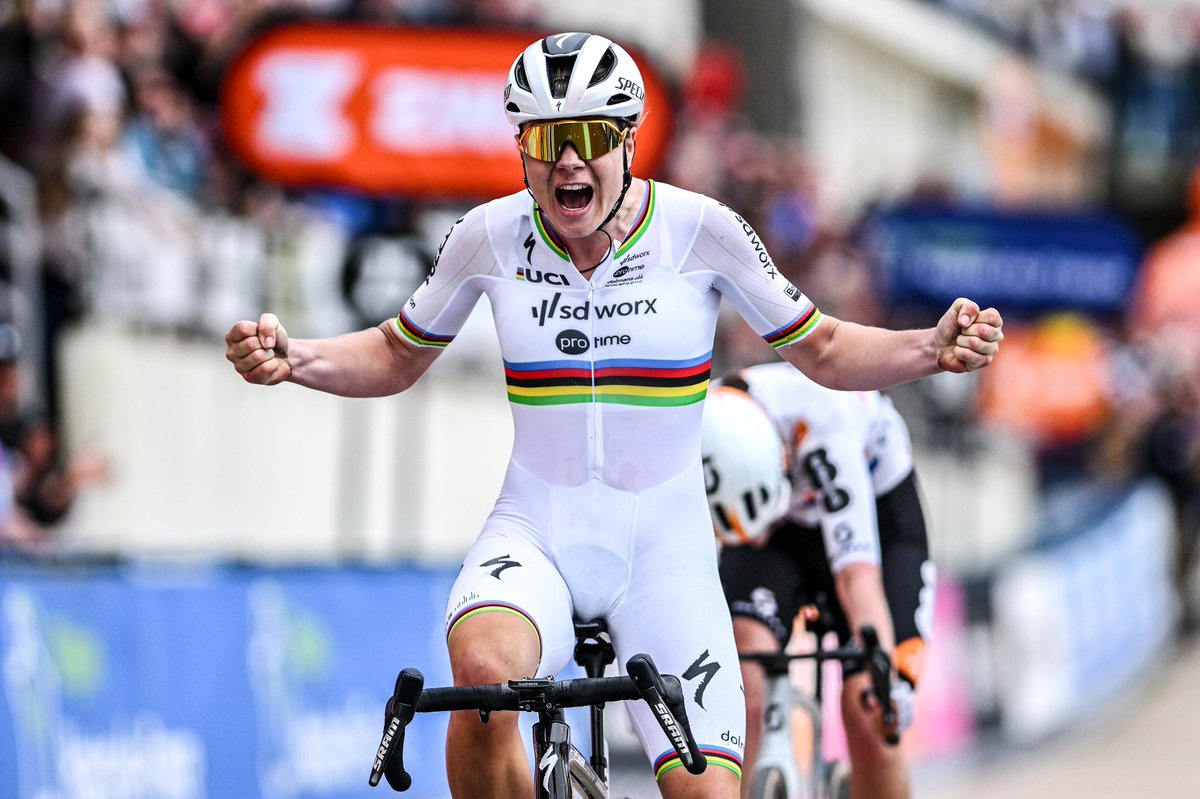 Winning the Paris Roubaix in full white rainbow. What a queen. 🤍🌈 #ParisRoubaixFemmes