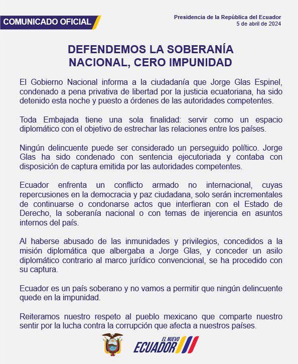 MashiRafael's tweet photo. Noboa ha perdido la cabeza. Justifica la violación de la embajada en la existencia de un “conflicto armado no internacional”. Eso es gravísimo. Es un peligro para la estabilidad regional vincular a un tercer Estado con un conflicto armado interno🤦🏻 https://t.co/KDkIMqsYj1