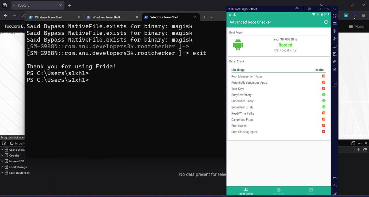 السلام عليكم 

الانتهاء من عمل سكربت يستخدم عن طريق Frida لمحاولة تخطى كشف الروت .

مثلا عندي تطبيق وابغى اسوي له PT ، عند تشغيلة يقولي جهازك غير محمي او يستخدم الروت فهذا السكربت يحل المشكلة . 

يمكن استخدامها عن طريق الرابط : 

codeshare.frida.re/@dmaral3noz/0x…

#bypass #rooted #Frida