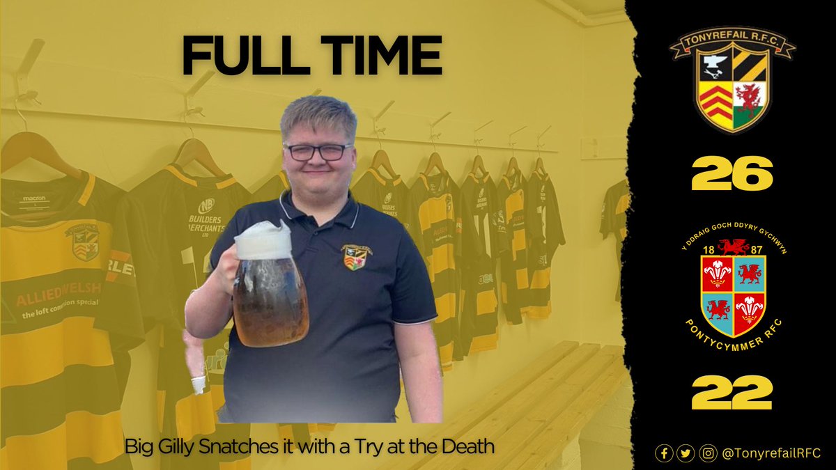 🚨FULL TIME🚨

All over on Parklands and the boys left it late to ward off a big comeback from Pontycymmer! A last minute try from big <a href="/connorgill1243/">Connor Gill🏴󠁧󠁢󠁷󠁬󠁳󠁿</a> sealing the W 

🖤🧡🍺