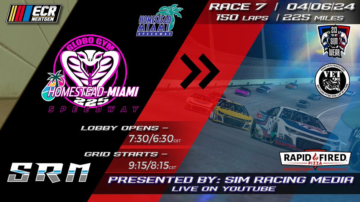 Race day!! After a week off for Easter. Tonight, we head to <a href="/HomesteadMiami/">Homestead-Miami Speedway</a> for the Globo Gym 225.

Who will grab the 🏆 tonight. Last yr race ended in fuel mileage will tonight race end the same way?

Tune in an find out as <a href="/SimRacingMedia1/">Sim Racing Media</a> calls the action live on <a href="/YouTube/">YouTube</a>