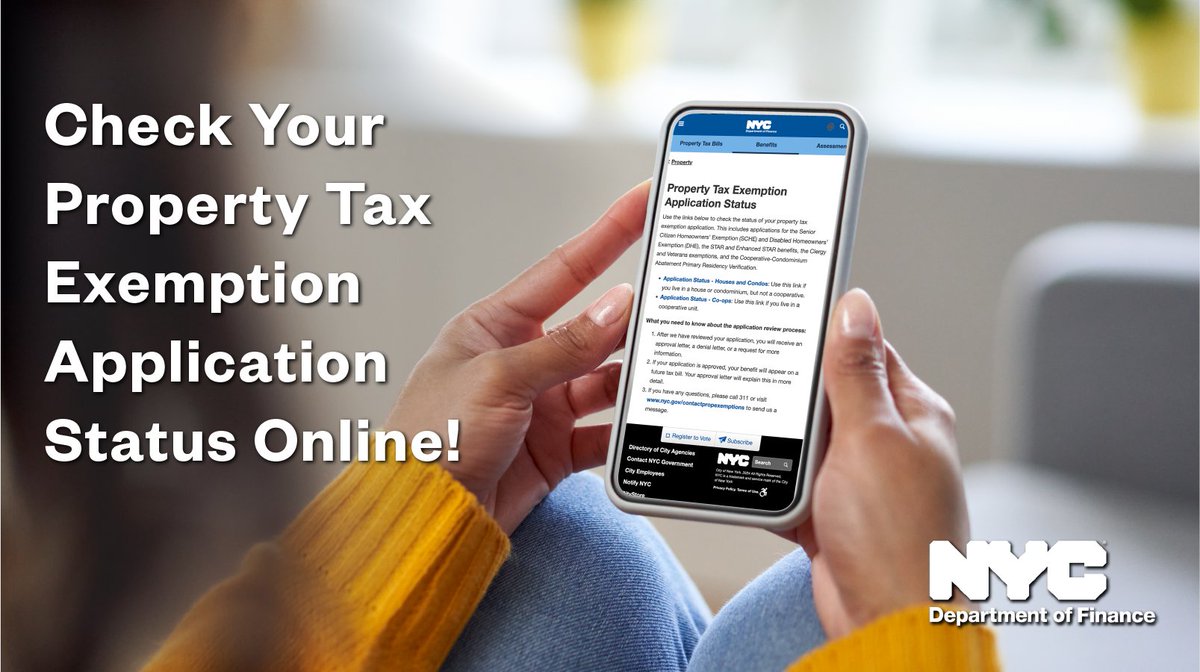 Looking for information about your property tax benefit application? Check out DOF's new application status tool for updates on homeowner exemption applications like SCHE, DHE, STAR and Enhanced STAR benefits, Veterans exemptions, and more! More at nyc.gov/exemptionstatus