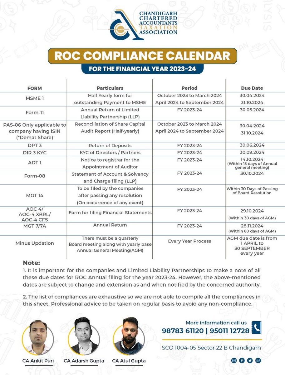 ROC Compliance Calendar 23-24 #IncomeTax #company #law #companylaw #companyformation #ITR #company #law #companylaw #companyformation #incometax #incometaxreturn #incometaxseason #taxfreeincome #taxincome #incometaxindia #taxreturn @immanojkohli @CCATAX22