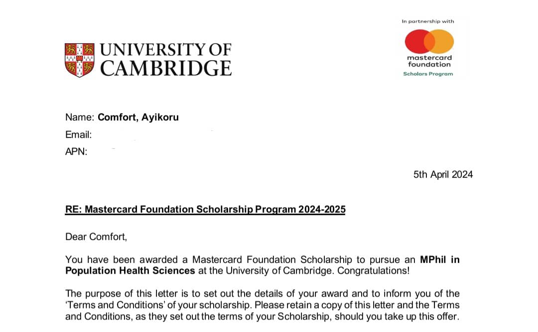 I feel immense gratitude for the amazing chance to study an MPhil in Population Health Sciences at the @Cambridge_Uni all thanks to the @MastercardFdn Foundation Scholarship. It feels like a dream come true. #GlobalHealth