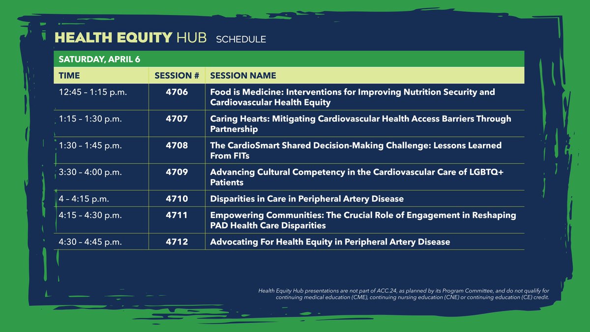 This afternoon's programming in the Health Equity Hub (Booth 2503) will include sessions on ACC's Caring Hearts initiative and disparities in #cvPAD. Learn more about how #ACCAdvocacy is working to advance equitable access to care at the HeartPAC Lounge. bit.ly/4agGDL7