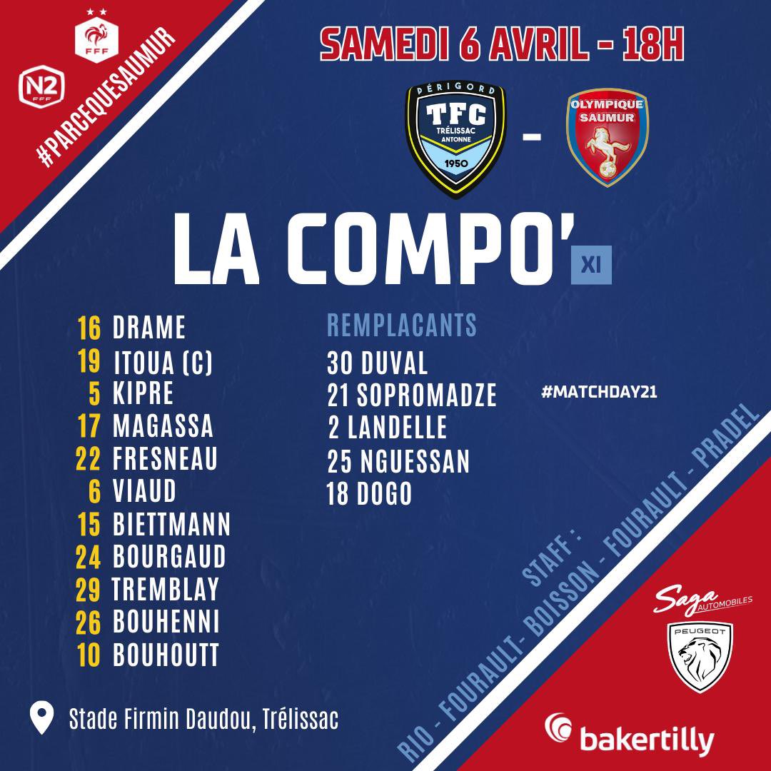 [ MATCHDAY 2️⃣1️⃣ #N2 ] 
Voici la composition de l’Olympique face à <a href="/TrelissacFC/">Trélissac Antonne Périgord FC</a> ⚽️⚽️

⏱Début du match : 18H 🔜🔜

#PARCEQUESAUMUR 🔴🔵