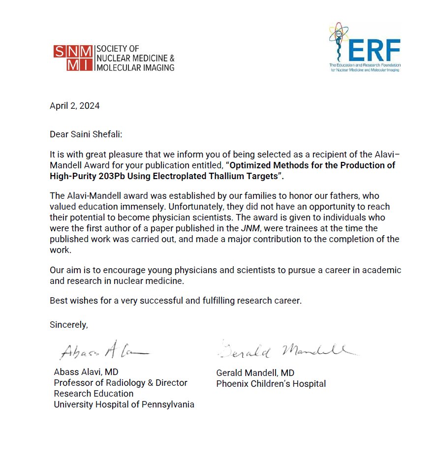 Suzanne Lapi (@lapisuzanne) on Twitter photo Thrilled that <a href="/uabchemgrad/">Life of Chemistry Graduate Students at UAB</a> Shefali has received the Alavi-Mandell award for her excellent paper on Pb-203 production. A great team effort with <a href="/JLynnBartels/">Jen Bartels, PhD</a>, our friends at Perspective Therapeutics and the UAB cyclotron team <a href="/UABRadiology/">UAB Radiology</a>
jnm.snmjournals.org/content/64/11/… Thrilled that <a href="/uabchemgrad/">Life of Chemistry Graduate Students at UAB</a> Shefali has received the Alavi-Mandell award for her excellent paper on Pb-203 production. A great team effort with <a href="/JLynnBartels/">Jen Bartels, PhD</a>, our friends at Perspective Therapeutics and the UAB cyclotron team <a href="/UABRadiology/">UAB Radiology</a>
jnm.snmjournals.org/content/64/11/…