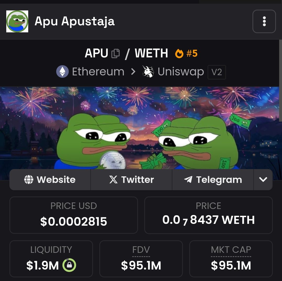 I told you $APU was the opportunity of a lifetime at $4m

Now it's almost at $100m, and I'm still holding ALL my tokens.

You only need one play to become a giga chad millionaire.

This could have been your make-it play if you were listening to me.

x.com/dombigdon/stat…