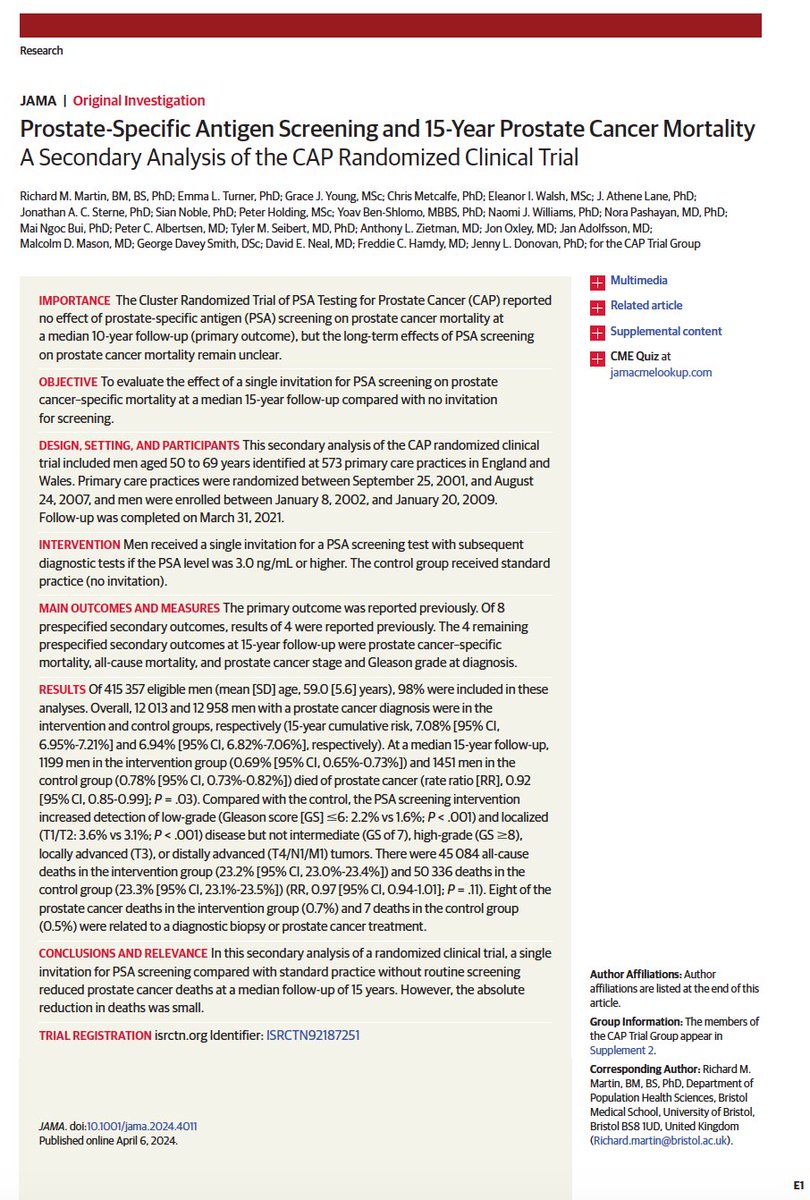 🚨Just out in @JAMA_current 🚨 📢Simultaneous publication of TWO #prostatecancer screening trials 👉ProScreen trial: tinyurl.com/23hj7mvu 👉CAP trial: tinyurl.com/bddzbc3m #EAU24 @AmerUrological @JAMANetwork @PCFnews @PCF_Science @SUO_YUO @UroOnc @Uroweb @EAU_Uroonco…