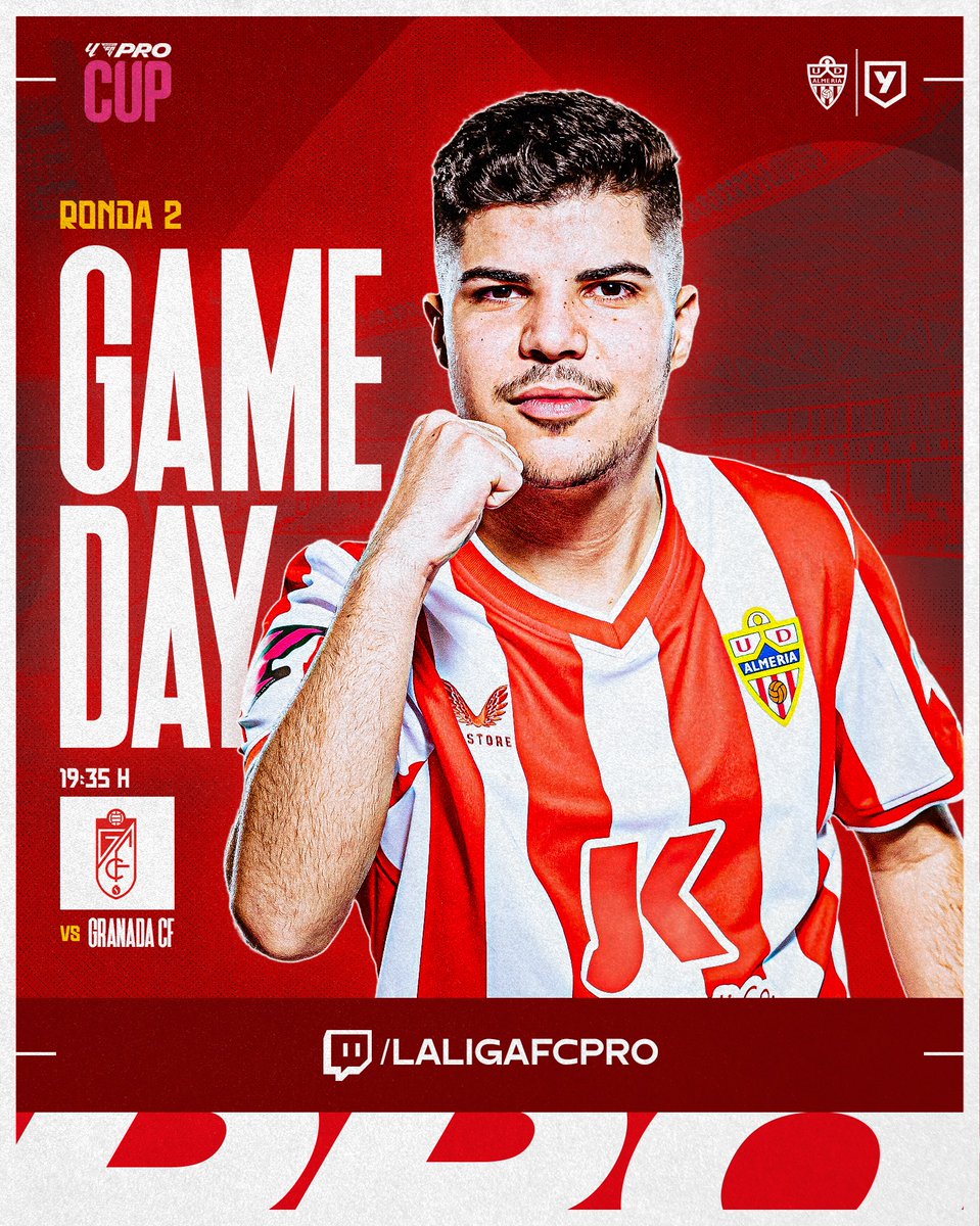 👀 ¡Vamos a por la ronda 2️⃣ de <a href="/LALIGA_FCPro/">LALIGA FC Pro</a> Cup! 💪

🆚<a href="/GranadaCF_eS/">Granada CF Esports ❤️🎮</a>.
⌚️ 19:35 h. 
📺 twitch.tv/laligafcpro  

🎮 <a href="/dsaanchez_/">dsaanchez</a> | <a href="/AYMEsports/">AYM</a>   

#VamosAlmería 🔴⚪️