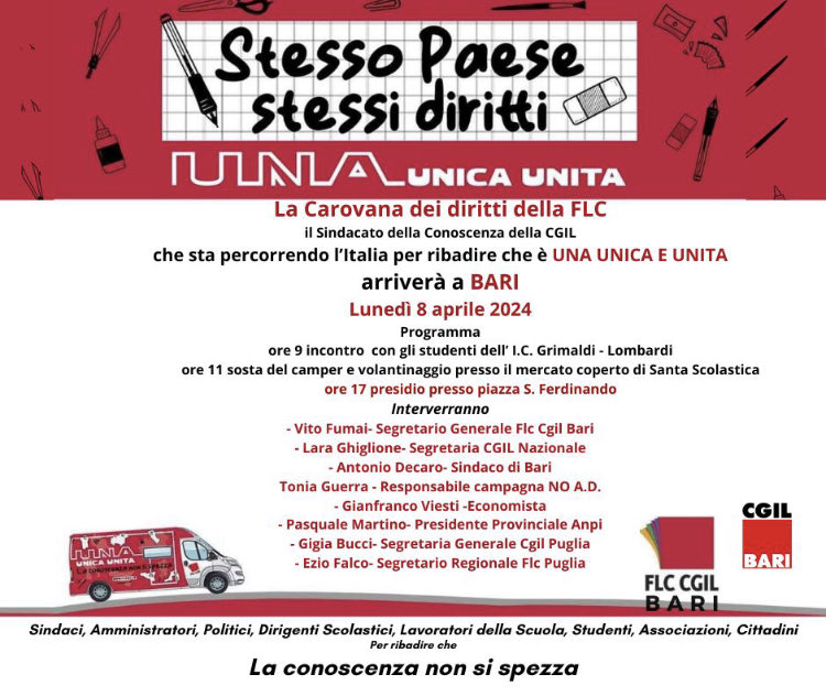 profgviesti's tweet photo. Lunedì 8/4 h17 Bari

Contro la #secessionedeiricchi nella “Carovana dei diritti” della ⁦@FLCCGIL⁩ ⁦ https://t.co/Q3pKeAnjGQ