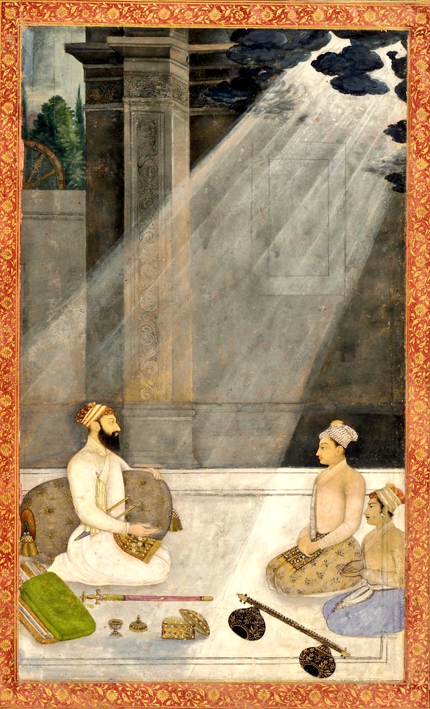 Mughal Paintings that were part of Nadir Shah's loot in 1739. 1. Shahjahan entering his palace in Burhanpur. By Abid, 1630-1631. 2. Aurangzeb in a Shaft of Light. By Hunhar, ca. 1660. Both currently at @NatAsianArt .