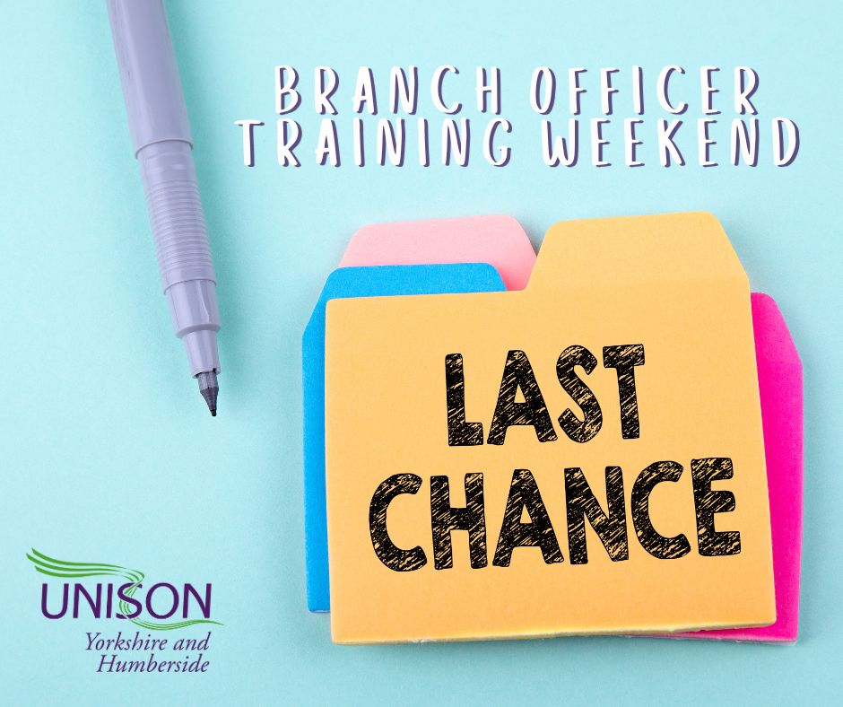 Applications for the different courses on offer at our branch officer training weekend in May close on Wednesday (10 April). Details on all the courses on offer and how to apply are on the website 👇 yorks.unison.org.uk/events/branch-…