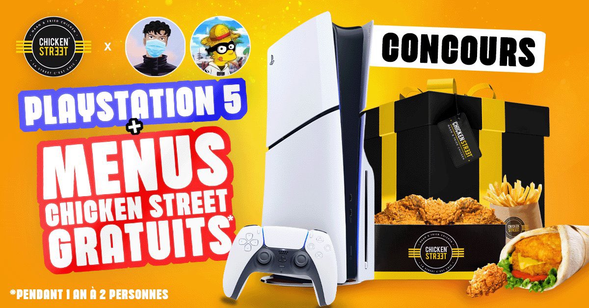 🔴 CONCOURS 🔴 

À gagner : UNE PS5 + UN AN de Chicken Street pour deux personnes

Pour participer : 

- Follow <a href="/ChickenStreetFR/">Chicken Street France</a>, <a href="/cpastibo/">Tibo ☔️</a> et <a href="/Bartotty/">Barto🪐</a> 

- RT, like et commente ce tweet

Tirage au sort le 13 avril, bonne chance 🍀