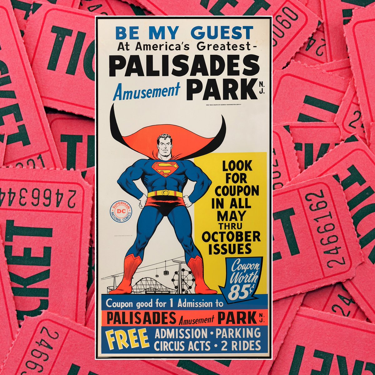 SOLD FOR $14,927! Remember the ad/coupons for Palisades Amusement Park in DC comic books back in the '60s? Hake's sold this HUGE @Superman poster, which saw spirited bidding. Superman fans, contact us to sell yours today! 🎡🎢🎠 #Superman #NewJersey #amusementpark #collector