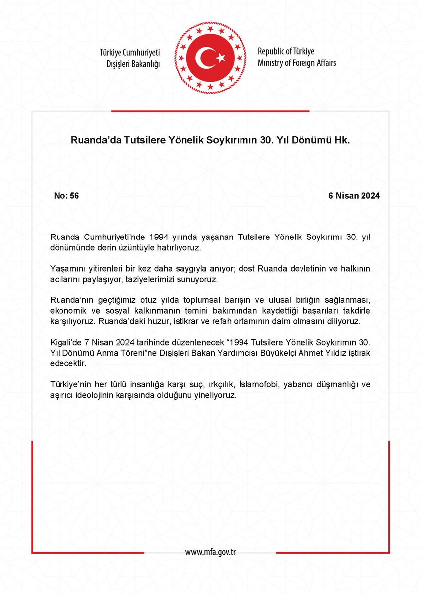 Ruanda’da Tutsilere Yönelik Soykırımın 30. Yıl Dönümü Hk. mfa.gov.tr/no_-56_-ruanda…