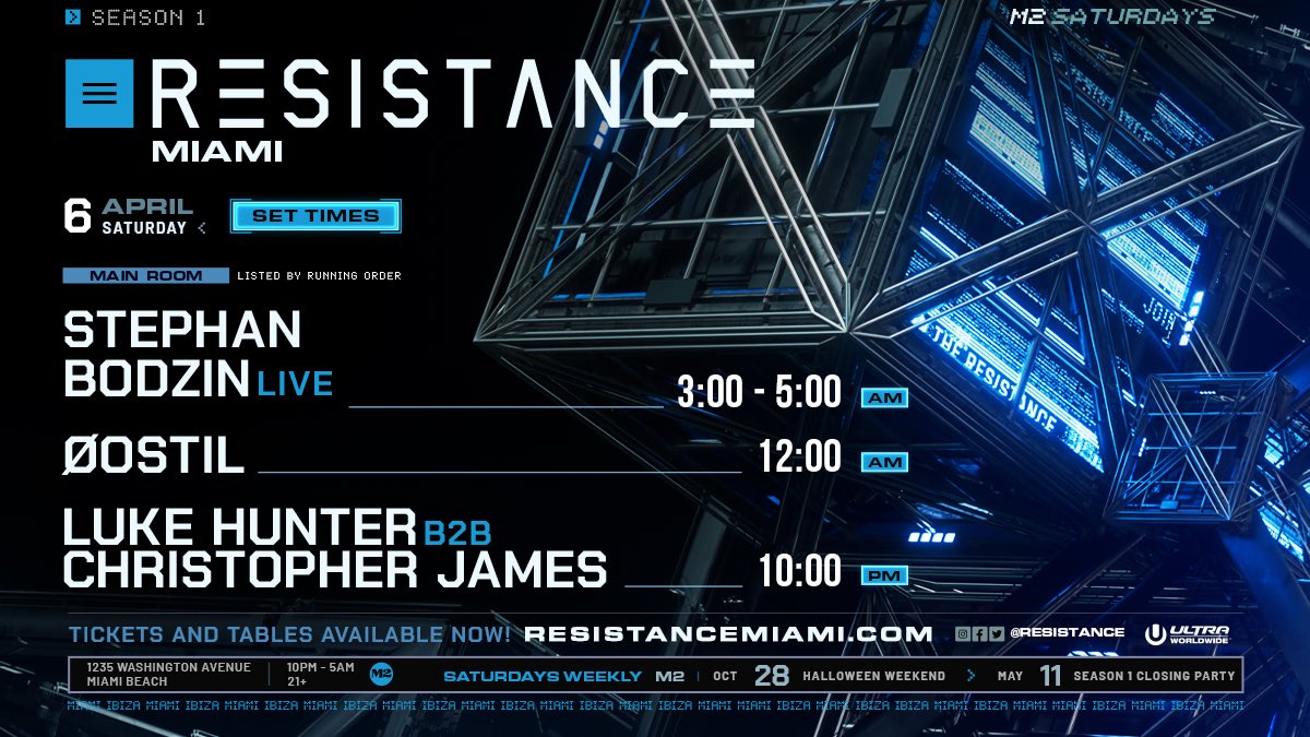 Set times for tonight’s dance with @stephanbodzin, @oostil, and, @lukehuntermusic b2b Christopher James! See everyone on the dance floor tonight at @M2_Miami_! Final Tickets ➡️ resistancemiami.com/tickets Table Reservations ➡️ resistancemiami.com/tables