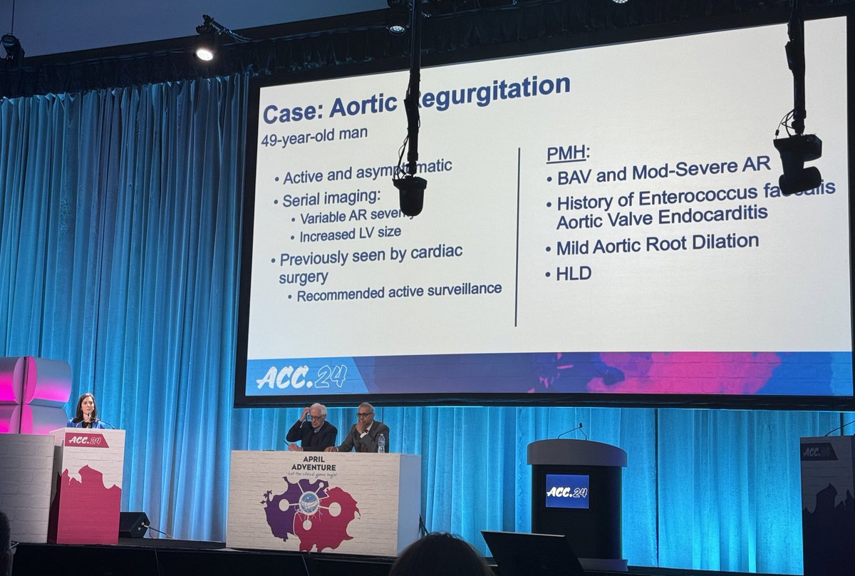 .@umichCVC fellow Dr Fell presenting a case of severe aortic regurgitation at the #ACC24 April Adventure session!