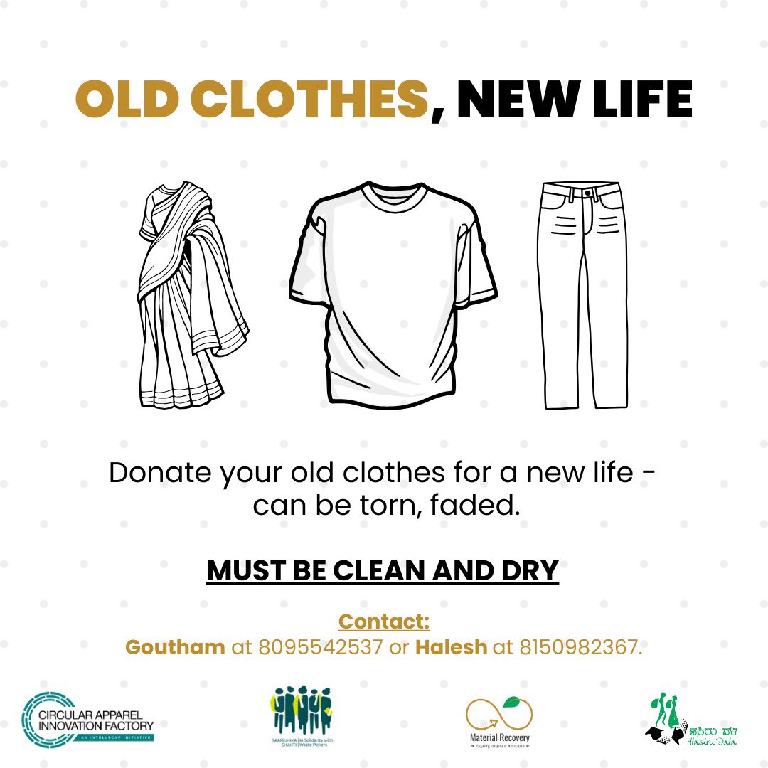 Got clothes that are torn or faded? Donate them to us! We'll reuse, resell, or recycle them, keeping them out of landfills and supporting livelihoods. Contact us at 8095542537 (goutham@hasirudala.in); or at 8150982367 (halesh@hasirudala.in) for more information! #HasiruDala