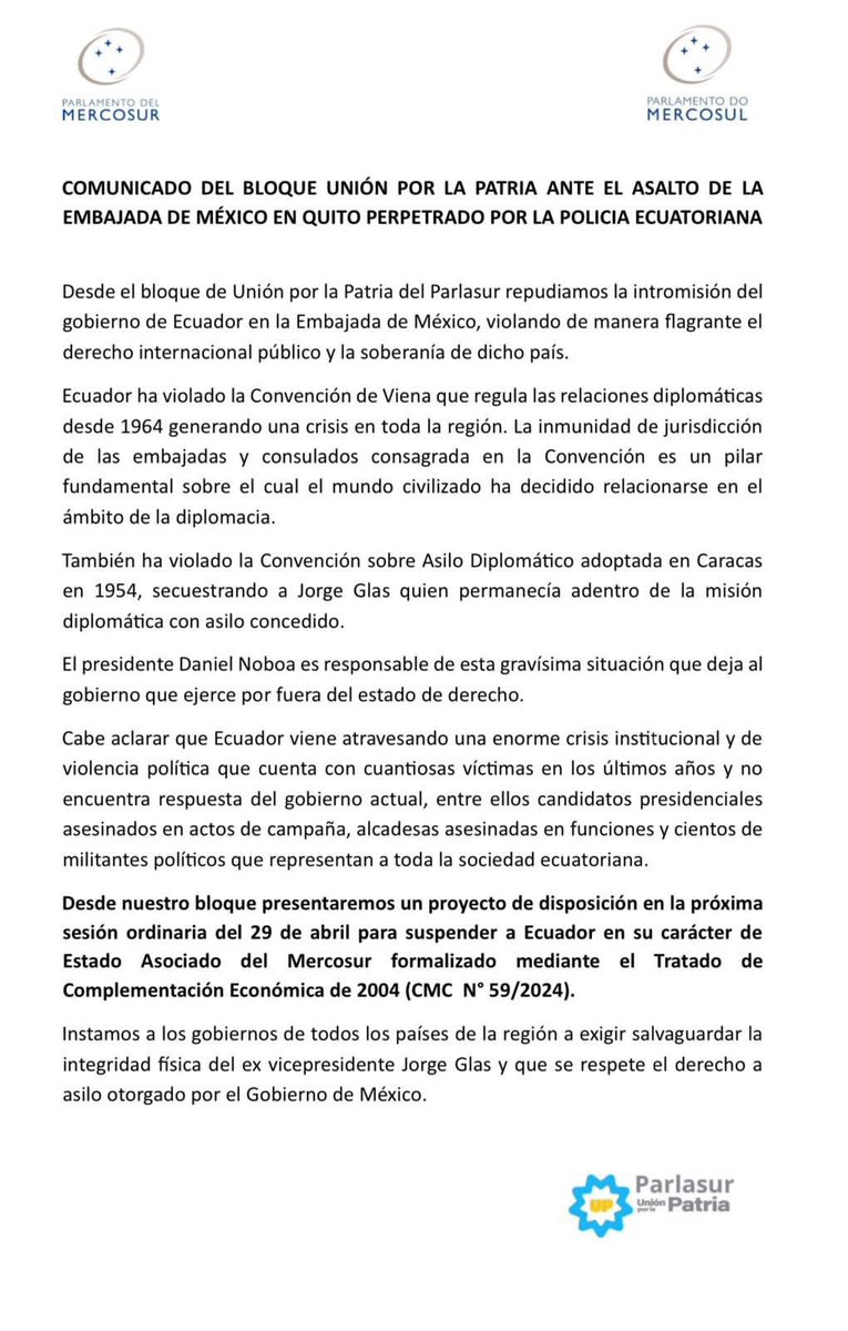 cristinajacomee's tweet photo. Se presentará ante #MERCOSUR una solicitud para suspender a Ecuador como Estado Miembro. Hemos tocado fondo. https://t.co/A4iRd0vs6j