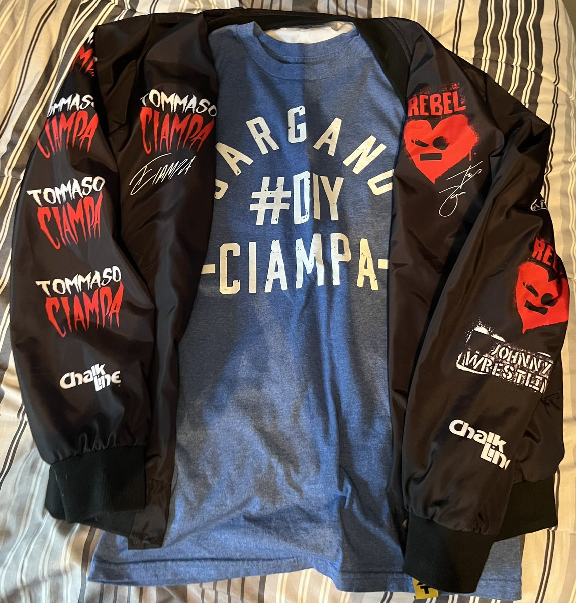 NickGiacobbe's tweet photo. Finally have the chance to wear this shirt/jacket combo to a #WrestleMania. So incredibly happy for both of them, nobody deserves it more, & nobody has done more work to earn this opportunity.
Now…go win some gold! #DIY4Life #DIY @JohnnyGargano @CiampaWWE https://t.co/GBpLJuNitH