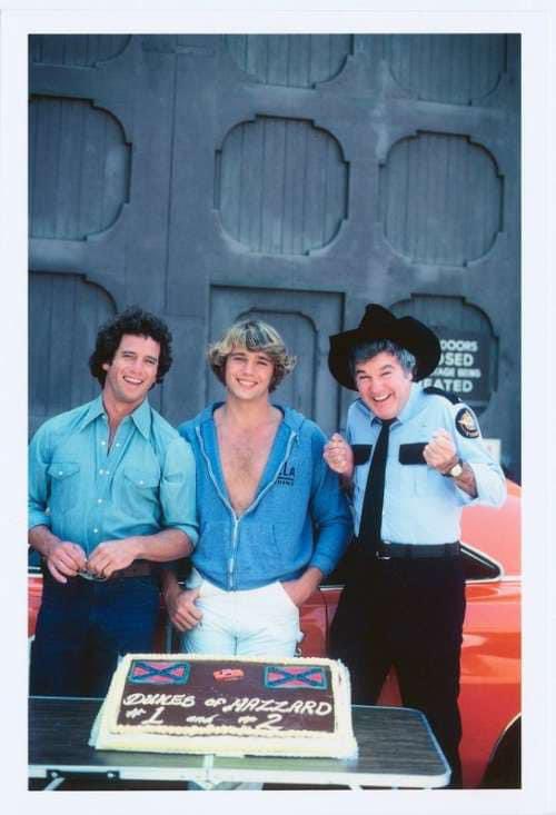 Tom, John and James Best behind the scenes celebrating Seasons #1 and #2 of The Dukes of Hazzard. 📸 courtesy of James Best