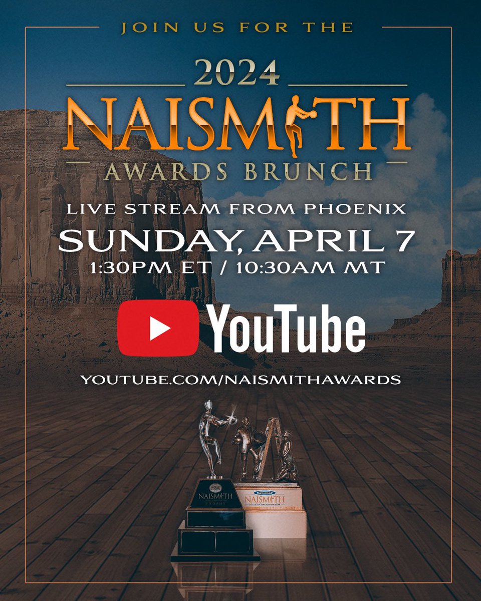 Reminder: We’ll announce our 2024 @jerseymikes Naismith Men’s College POY, @wernerladderco Naismith Men’s College COY, and Naismith Men’s College DPOY at the Awards Brunch on Sunday, April 7 at 1:30 pm ET ‼️ Stream the ceremony live at youtube.com/naismithawards 🏆