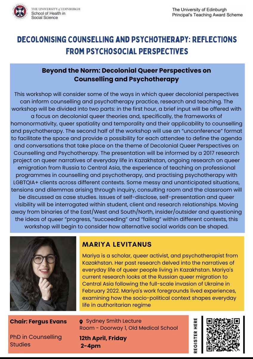 📢Next one up for Decolonising Counselling & Psychotherapy seminar series: 🗓️Fri 12 April at 2pm 🎤@MLevitanus -Beyond the Norm: Decolonial #Queer Perspectives on Counselling & Psychotherapy Free & open to all: docs.google.com/forms/d/e/1FAI… @uoessps @CRITIQUE_CENTRE @EdinUniHealth