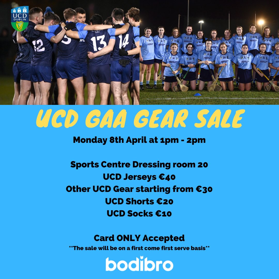 UCD GAA gear sale this Monday (8th April) 1pm - 2pm in dressing room 20 in the sports centre. Card only and is first come first serve. We will be selling our jerseys from this year as well as some other gear #ucdgaa