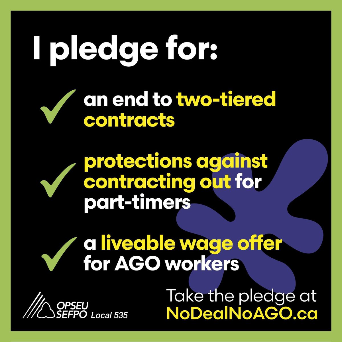 Nearly 1000 pledges - have you taken yours at NoDealNoAGO.ca ❔ 📝 Stand with @agotoronto workers on strike - your commitment to not crossing the picket line is also a pledge FOR: - ending two-tiered contracts - protections against contracting - a liveable wage offer