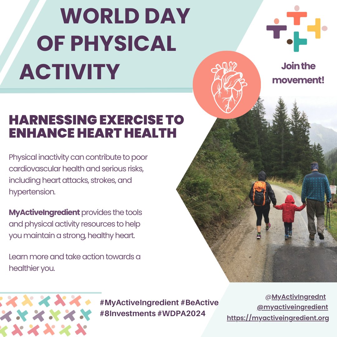 Celebrate International Physical Activity Day! 🌟 With cardiovascular disease in the spotlight, it's time to champion our hearts through the joy of movement. Explore heart-healthy physical activity resources at myactiveingredient.org. #8Investments #BeActive #WDPA2024