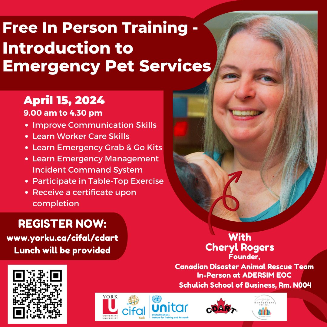 .<a href="/CifalYork/">CIFAL York</a> is hosting a free one-day course titled Introduction to Emergency Pet Services in partnership with the Canadian Disaster Animal Rescue Team. It will be held in-person at York University's Keele campus on April 15. Spaces limited.

Register👉 yorku.ca/cifal/cdart/